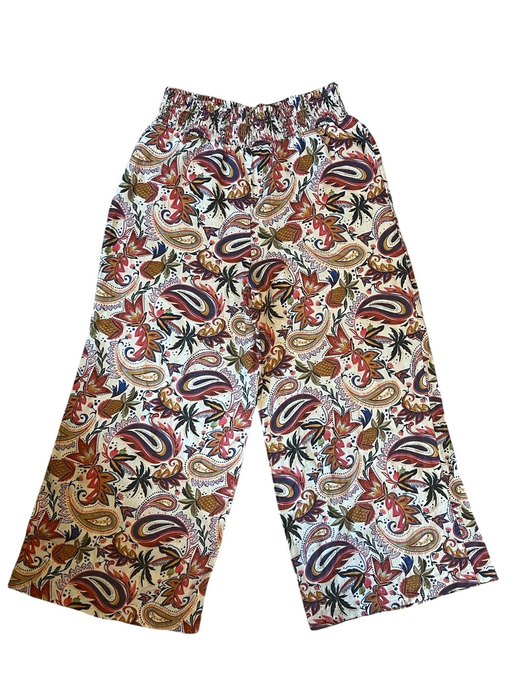 Boden Wide-Leg Linen Pants Summer Paisley White Orange Multi Size 14 - Picture 2 of 7